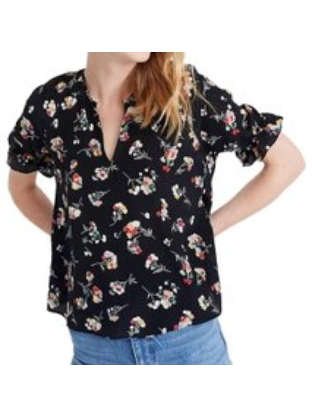 Madewell BNWOT black floral vneck ruffle short sleeve top sz XSmall Silk